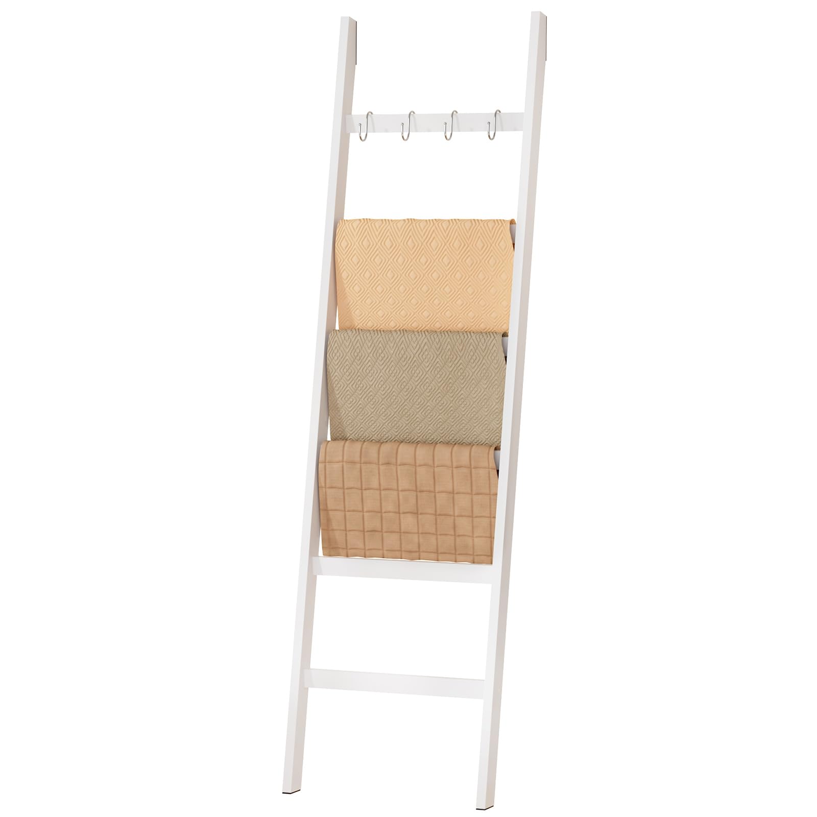 Yorbay Échelle Porte-Serviettes en Bambou à 6 Niveaux, avec 2 Sangles de Sécurité Anti-Chute et 4 Crochets Porte-Serviettes pour Salle de Bain Chambre à Coucher HxB 170 x 43 cm (Blanc)