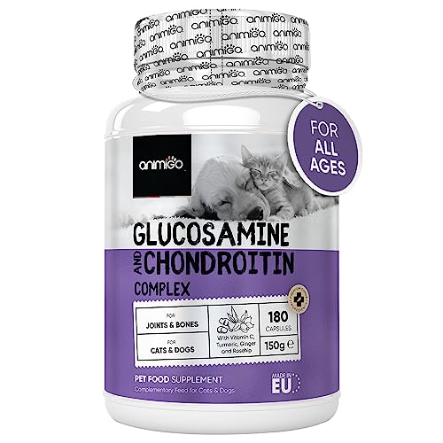 Glucosamine for Dogs & Cats With Chondroitin (1075mg) - 180 Capsules - Hip & Joint Supplement for Dogs & Cats of All Ages - With Turmeric Ginger Vitamin C & Rosehip - Cats & Dogs Joint Care