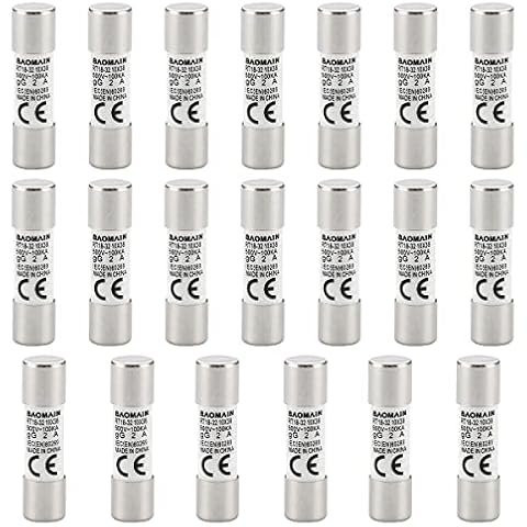 Baomain Ceramic Tube Cylindrical Fuse Link RT14 RT18 R015 10mm x 38mm AC 500V 2A Pack of 20 Cover