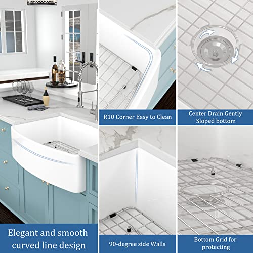 33 White Farm Sink - Donsdey 33"×20" Farmhouse Kitchen Sink Curved Apron Front White Fireclay Ceramic Porcelain Single Bowl Farmer Kitchen Sink Basin #TOP3