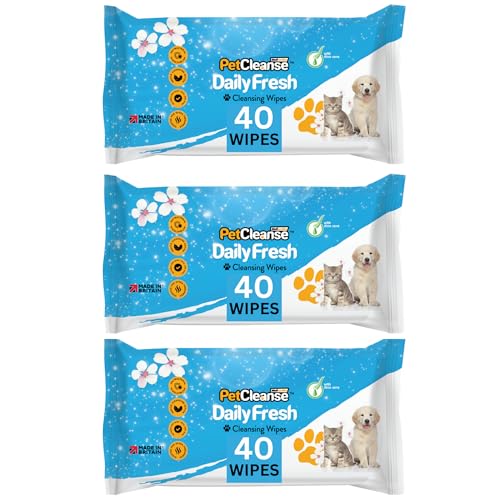Pet Wipes for Your Dog Puppy and Cat: Antibacterial Daily Grooming and Cleaning Wipes for Paws Body Face Ears and Bum: 40 Large Wet Wipes Pack with Aloe Vera (3 Packs)
