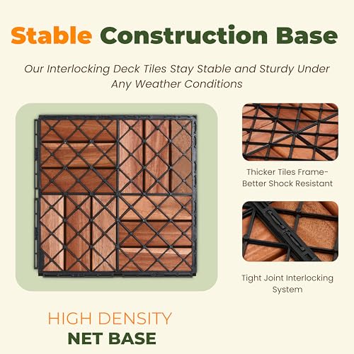 Premium Deck Tiles, 10 PCS 12"×12" Acacia Wood Interlocking Patio Tiles, Snap Together Outdoor Waterproof Flooring for Balcony, Patio, Backyard (Square Joint, Red Oak) — view 6