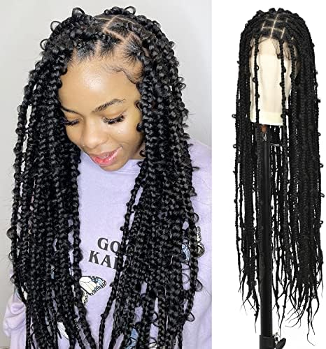 Lexqui 36" Square Knotless Butterfly Box Braided Wigs for Black Women Full Double Lace Frontal Braided Wig with Baby Hair Natural Parting Synthetic Lace Front Braiding Hair Wigs