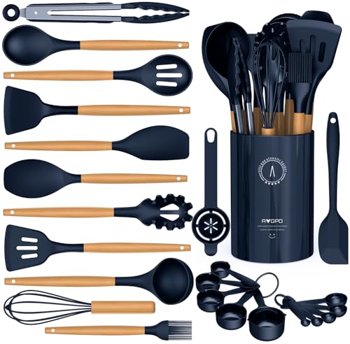 Silicone Cooking Utensils Set - AVGPD Silicone Kitchen Utensils for Cooking Wooden Handles, 446°F Heat Resistant Kitchen Utensil Spatula Sets, Gadgets for Non-Stick Cookware BPA FREE (Navy Blue)