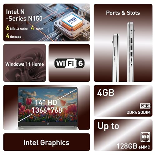 Image of HP Ultrabook 14 Laptop Computer Business Study & Home 2026, MS Office for The Web + Win11 Home, Quad-Core Intel CPU, 128GB SSD, WiFi 6, Bundle Thunderobot Wireless Mouse