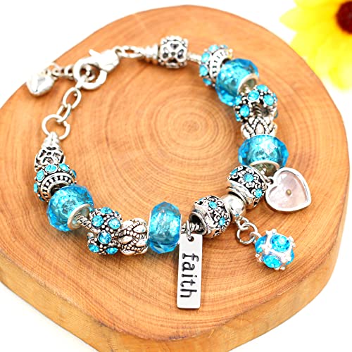 Silver Tone Women's Faith Mustard Seed Snake Charm Bracelets With Crystal Murano Glass Beads Snake Chain For Girls Y1924 (Blue) #TOP6