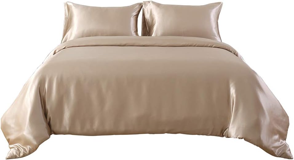 HOTNIUFull Satin Silk Duvet Cover Sets - Soft Luxury Silky 3 Piece Comforter Cover Set - All Season, Shiny Vibrant Bedding Set With SHAM (King Size, Golden)