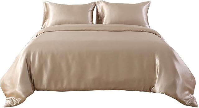 Hotniu Full Satin Silk Duvet Cover Sets - Soft Luxury Silky 3 Piece Comforter Cover Set - All Season, Shiny Vibrant Bedding Set With SHAM (Double Size, Golden)