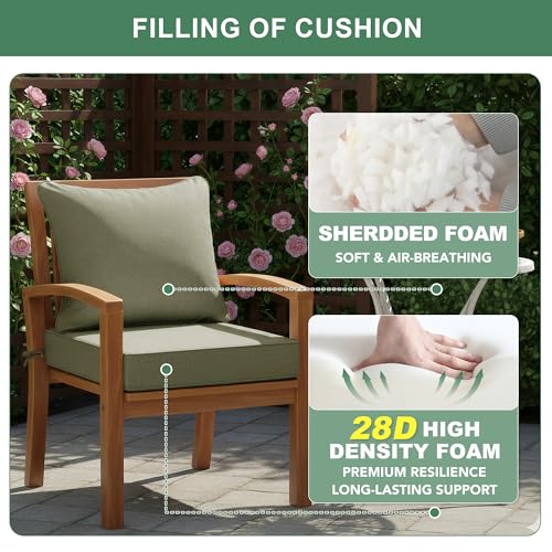 Image of Summsun Water Resistant Outdoor Chair Cushions, Faux Linen Backrest and Seat Cushion Set with Ties, Removable Cover, Non-Slip Bottom for Patio Furniture, 19 x 19 Inch, Mocca Green, Set of 4