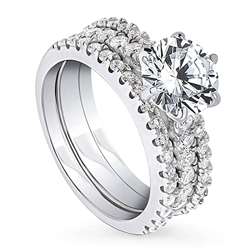 BERRICLE Sterling Silver Solitaire Wedding Engagement Rings 2 Carat Round Cut Cubic Zirconia CZ Ring Set for Women, Rhodium Plated