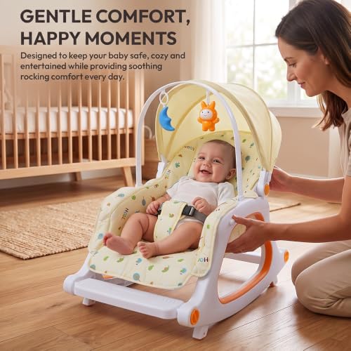 Image of StarandDaisy Dreamy Baby Rocker Chair with Play Tray, Mosquito Net & Toy Bar | Adjustable Recline, 3-Point Safety Harness | Infant Rocking Seat, Feeding Chair for Newborns & Toddlers 0-3 Years (Beige)