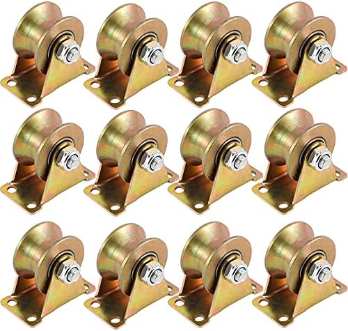 ZOENHOU 12 PCS 2 Inch 660 LB 45# Steel U Groove Wheel Pulley, Sliding Gate Rollers with Bracket, Heavy Duty Rigid Caster for Inverted Track, Rolling Gate Hardware, Industrial Machines, Wire Rope Rail