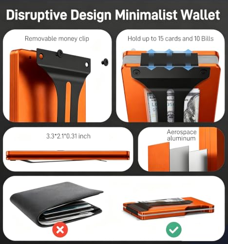 Image of Minimalist Wallet for Men, Slim Metal RFID Blocking Wallet Credit Card Holder Money Clip & Cash Strap, Scratch-Resistant Holds 15 Cards,Ideal Gift for Men | Matte Orange