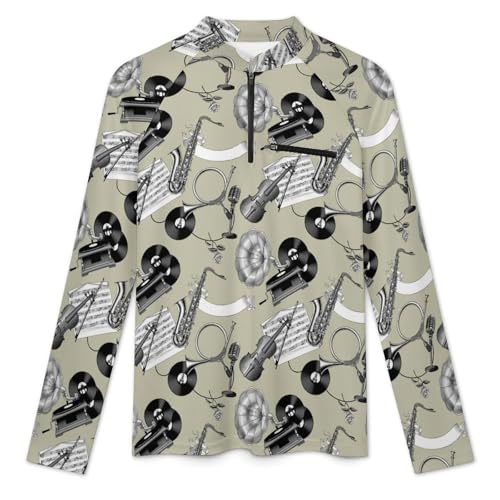 Vintage Musical Gramophone Vinyl Records Men's Rash Guard Long Sleeves Quick Dry Fishing Workout Shirts with Zipper3
