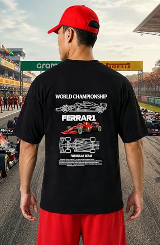 Image of Khakey Men's F1 Racing Graphic Printed Black T-Shirt | Formula 1 Back Print Drop Shoulder Tee | Motorsports Car Print Tshirt for Men & Women | Cotton Streetwear Tee's | Unisex Fit