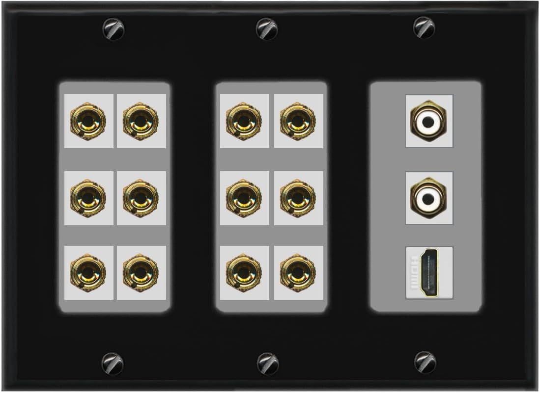 RiteAV 6.2 Surround Sound 6 Speaker 12 Banana Plug Jack Wall Plate w/ 2 RCA Subwoofer + 1 HDMI Female Connectors - 3 Gang [Black/White]