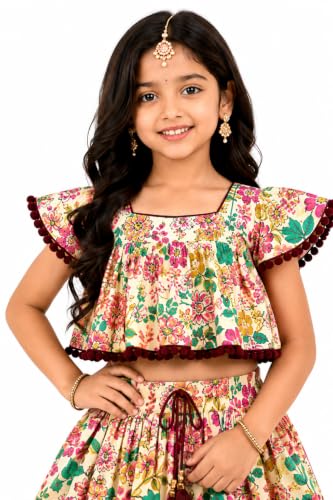 Image of Girls Floral Printed Crop Top and Lehenga Skirt Set