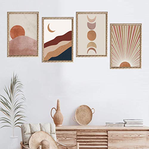 Fwk Sunset Sunrise Landscape Art Prints Modern Mid Century Geometric Decor Boho Sun And Moon Wall Art Painting Set Of 4 (8X10 Canvas Picture) Office Bedroom Kitchen Home Decor Unframed #TOP4