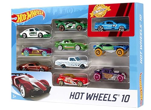 Hot Wheels 1:64 Die-Cast Auto Geschenkset, je 10 Spielzeugautos, zufällige Auswahl, Spielzeug Autos ab 3 Jahren, 10er Pack, Mehrfarbig, 54886