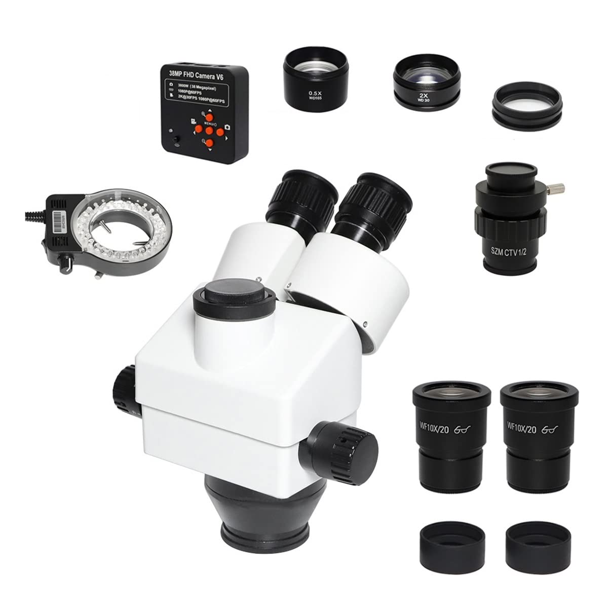 Microscope 7X-45X 3.5X-90X Simul-Focal Trinocular Stereo Microscope Head 0.5X 2.0X Auxiliary Objective Lens CTV 1/2 Adapter C-Mount Lens(38MP add CTV 0.5)