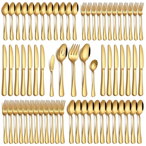 Image of PHILIPALA 65 Piece Gold Silverware Set with Serving Utensils, Stainless Steel Flatware Set for 12 Food Grade Novelty Cutlery Utensil Set Include Knife Fork Spoon Mirror Polished Dishwasher Safe