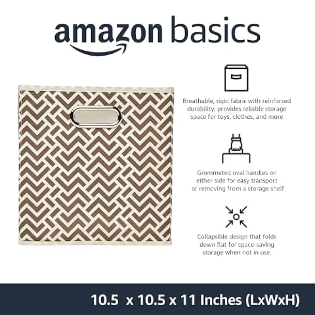 Basics Collapsible Cube Storage Organizer Bins, 6-Pack, 10.5 x 10.5 x 11 inches, Chevron Taupe