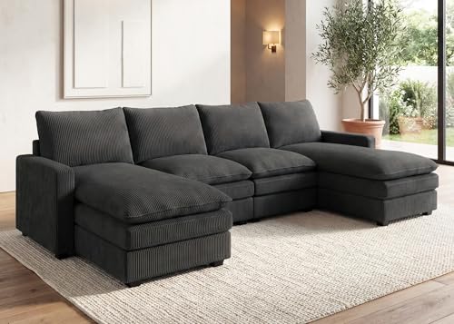 Image of HONBAY 127.2 Inch Corduroy Cloud Modular Sectional Sofa with Chaise, Deep Seat U-Shaped Couch with Storage for Living Room, Apartment, Small Space,Grey