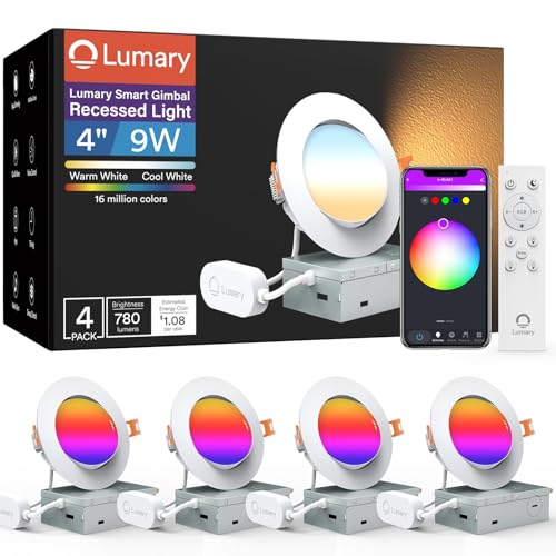 Lumary Smart Gimbal Recessed Lighting 4 Inch with Remote, RGBWW WiFi Ceiling Light 355&deg; Swivel...