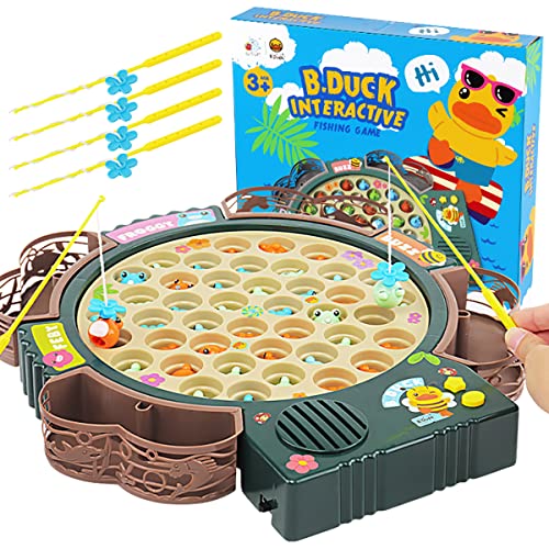 Kids Magnetic Fishing Game Toy Play Set w/ 42 Frogs, 4 Poles/Rods, on-Off Music & Rotating Board for Toddlers, Interactive Family Party Yard Board Game Indoor/Outdoor, Birthday Gift for Kids Ages 3+