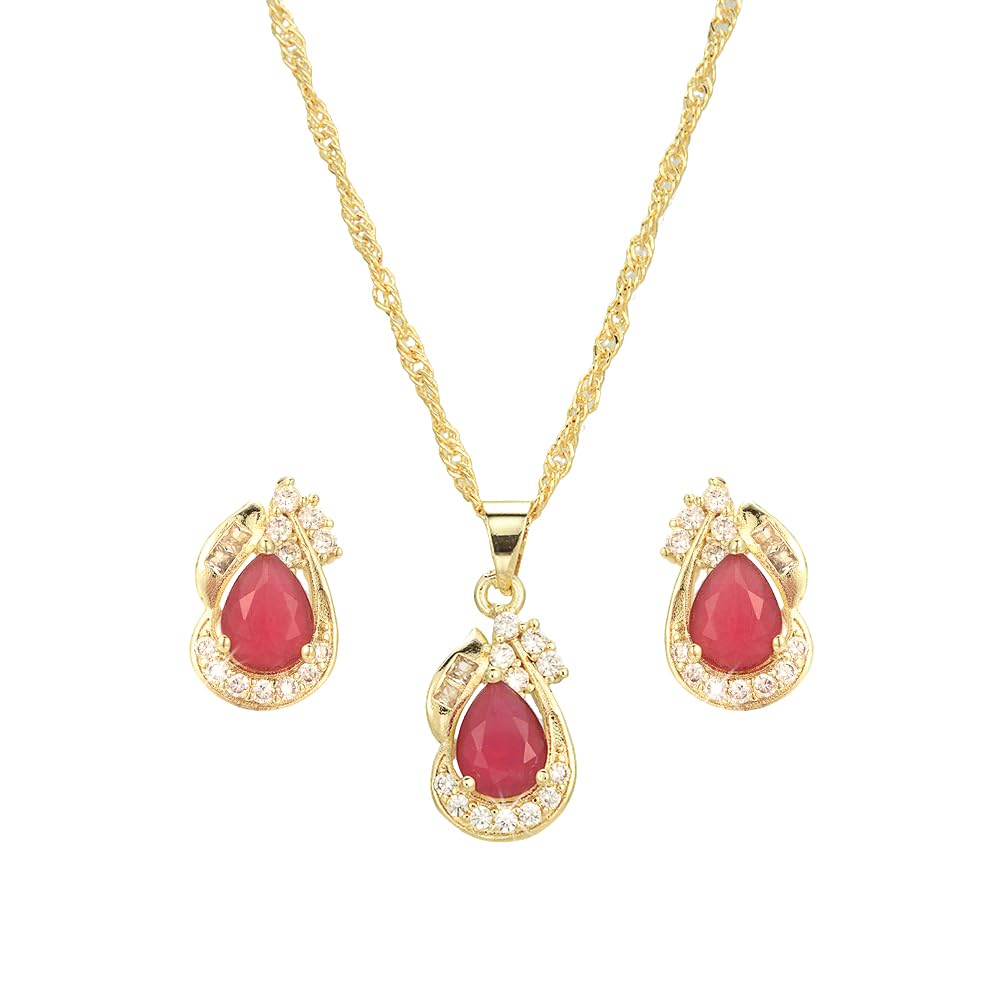 Pear Cut Birthstone Jewelry Set for Women - Multi Color Options - 14K Yellow Gold Plated Pendant Necklace Stud Earrings, 18"+2" Chain - Gift Boxed for Her, Mother Birthday