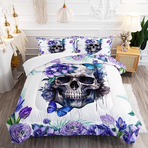 AILONEN Skull Bedding Sugar Skull Comforter Set,Purple Floral Bed in A Bag, Queen Size Comforter Skull Duvet Set for Boys Girls Room Decor, 1 Quilt and 2 Pillowcases,3 Pieces