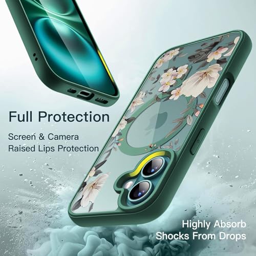 Image of VONZEE Compatible with iPhone 16 Case Luxury Retro Flowers Floral Clear for Magnetic Wireless Charging Case Shockproof Case PC+TPU Cute Glossy Shiny Cover for Girls Women, 6.1'' Green
