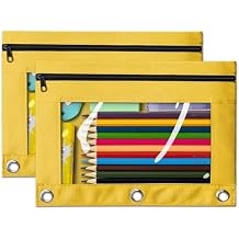 V-Opitos Pencil Pouch for 3 Ring Binder, 2 Pack Yellow 3-Holes Zipper Pencil Pouches, Sturdy and Durable Cloth Pencil Case with Clear Window for Office School College Supplies