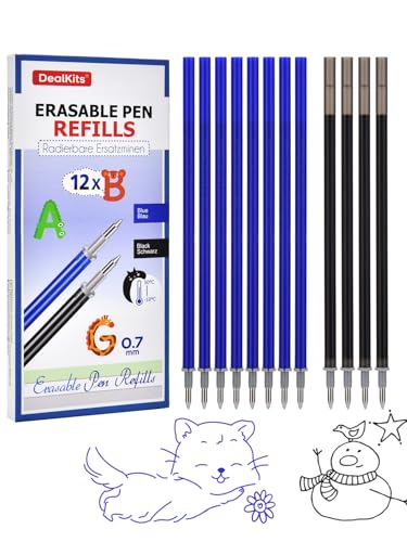 DealKits 12 Mines de rechange effaçables (8× Bleu + 4× Noir) – Compatibles avec Legami - Mines 0,7mm à encre thermo-effaçable pour stylos effaçables - Idéal pour école & bureau