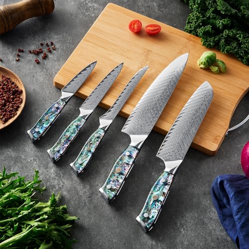 SENKEN Damascus Steel Kitchen Knife Set - Umi Collection - 67-Layer Japanese VG10 Steel, Real Deep-Sea Abalone Shell Handle, Chef's Knife, Santoku, Paring, Fillet, Utility (5-Piece Damascus Knife Set)