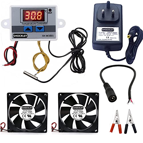 Image of Shockley XH-W3001-50 to 110c Intelligent Digital Thermostat Temperature Controller Combo XH-W3001 (12V Without Direct Output) + 12V 2AMP Adapter + 2 Fan + Alligator Clips + DC Female Jack