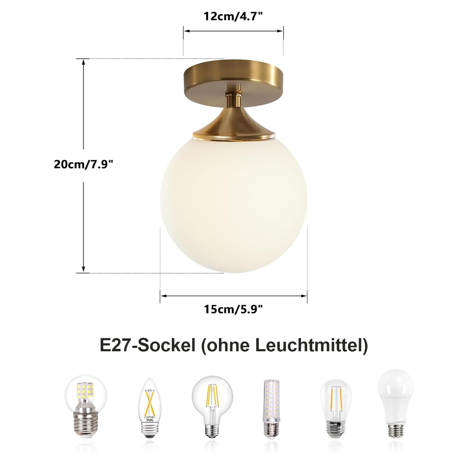 KCO Lighting Deckenleuchte Gold Halb-Bündig — Kugelförmige Glas-Lampe E27 für Flur, Eingang & Schlafzimmer, Ø 15 cm, Inkl. LED-Leuchtmittel, Werkzeuglose Montage