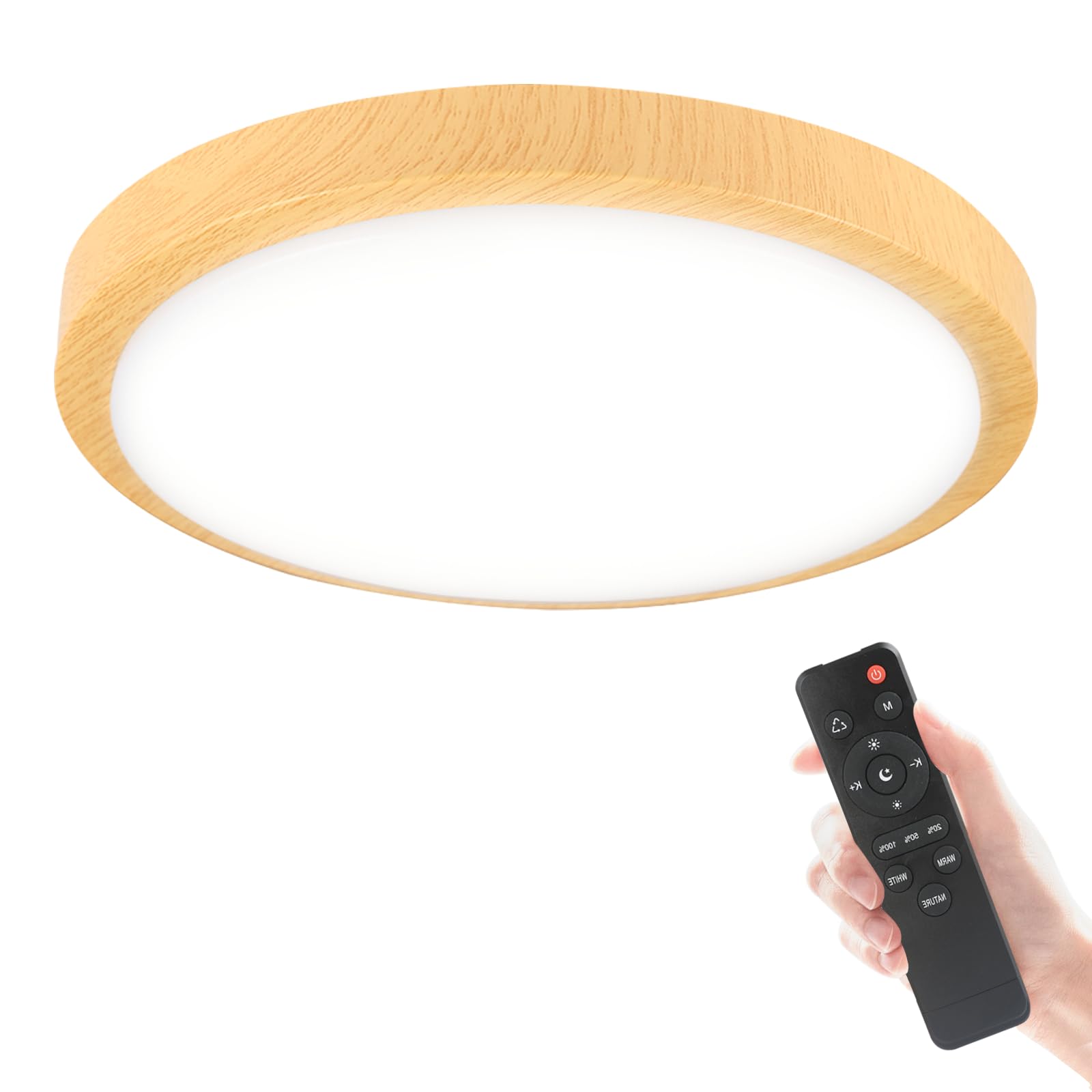 Modern Dimmable Wood Flush Mount Ceiling Light 3500K-6500K 3CCT Round Close to Ceiling Lighting Fixtures Minimalist LED Ceiling