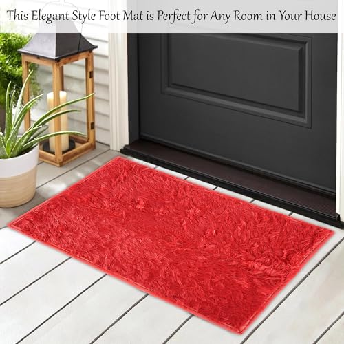 Image of Urbane Home Pack of 2 Anti-Slip Bathroom Mat | Door Mats for Home Entrance & Kitchen Floor | Foot Perdan for Home Door | Furry - Red