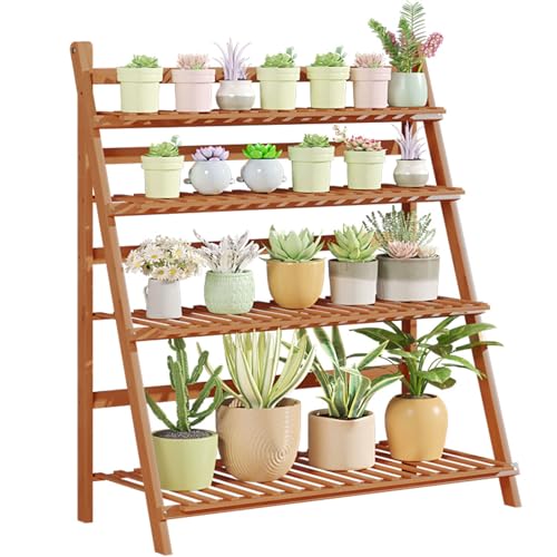 Soporte de flores de 4 niveles para exteriores, soporte para plantas de jardín, soporte alto de esquina para uso en interiores y exteriores, estantería plegable con diseño de escalera (50 cm)