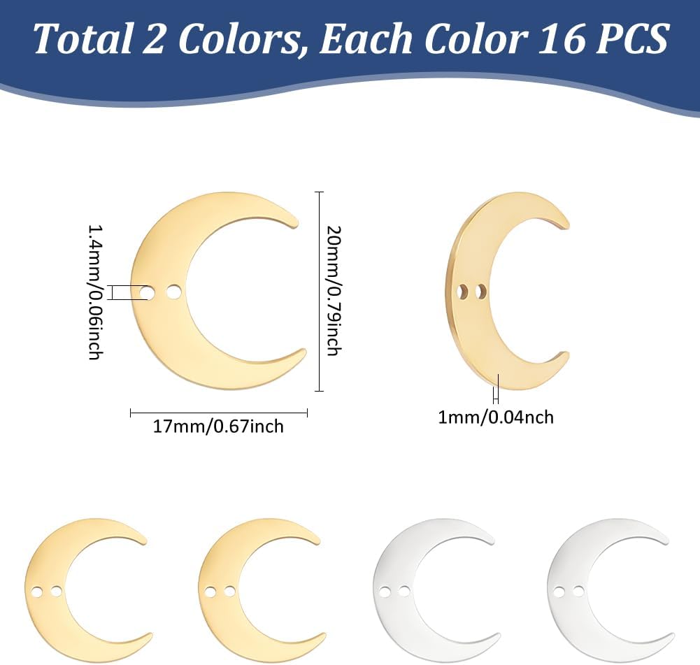UNICRAFTALE 32Pcs 2 Colors Moon Connector Charms Crescent Moon Links Pendants Stainless Steel Charms 2-Loop Pendants Jewelry Connector Charms for Bracelet Necklace Earrings - Image 3