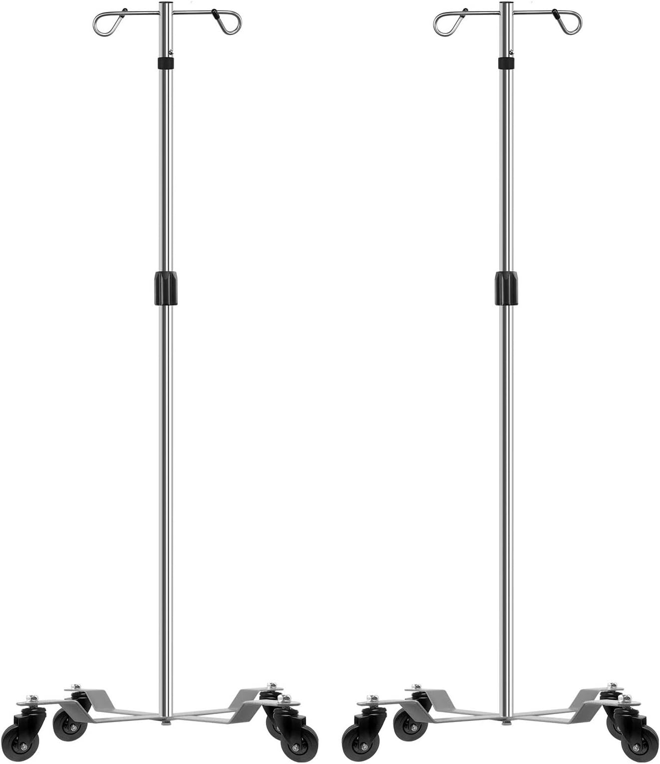 IV Poles IV Stands 2 Hooks 4 Legs Portable Rolling with Stainless Steel Adjustable Height, 2PCS