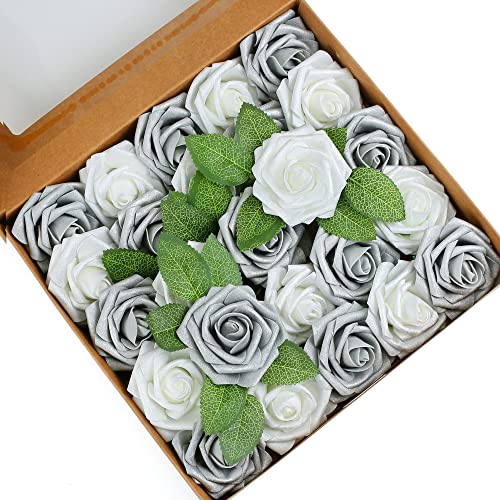 Higfra Artificial Flowers 25pcs Real Looking Himmer Silver Grey Foam Fake Roses with Stems for DIY Wedding Bouquets White Bridal Shower Centerpieces Arrangements Mothers Day Party Tables Decorations
