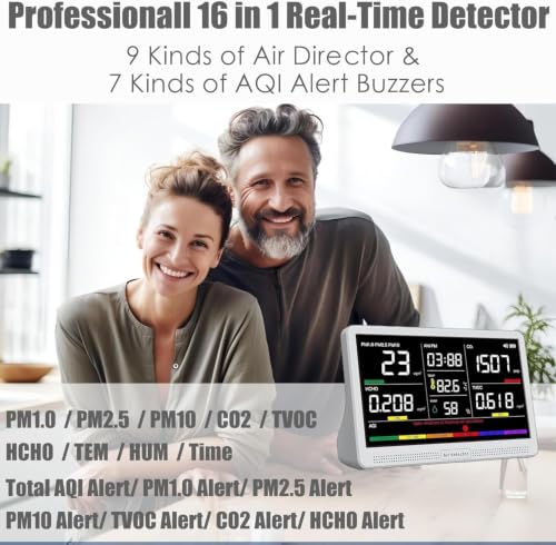 Image of Professional Indoor Air Quality Monitor with 7X AQI Beep Alarms,16 in 1 Portable Real-Time Detector for PM2.5 | PM10 | CO2 | TVOC | HCHO | Temp | Hum for Home Cars Plants Pets (Plain White)
