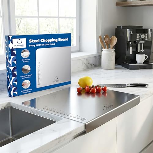 Image of HomeWiz Large Steel Chopping Board for Kitchen - 100% Stainless Steel Cutting Board | Heavy Duty Chopping Board | Non-Porous Hygienic Surface for Vegetables, Meat & Fish, Rust-Resistant | 41 x 31 cm