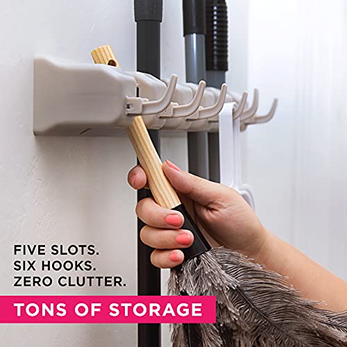 Image of Broom Holder Wall Mount, Mop and Broom Organizer - Wall Mounted Broom Rack & Mop Rack, Rack for Brooms and Mops | Broom Hanger Wall Mount with 5 Slots & 6 Hooks, Kitchen Garage Laundry Garden (Beige)