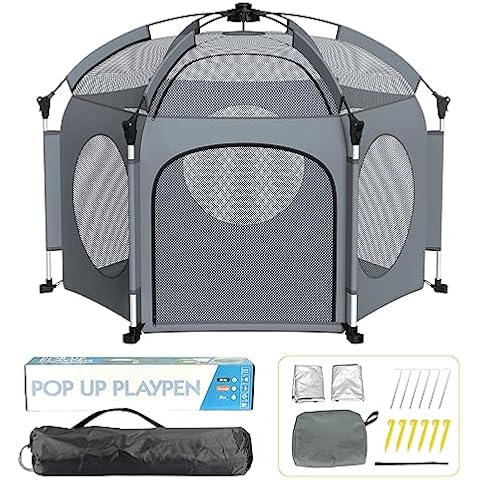 Portable Playpen for Babies and Toddlers - PRObebi Pop Up Playpen for Baby with Three Sun-Shade, Lightweight Outdoor Play Yard - Beach Playpen with Travel Bag - for Home & Indoor Use - Grey Cover