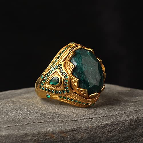 Emerald Stone Men Silver Ring, 925 Sterling Silver Gold Plated Emerald Gemstone Ring, Handmade Engraved Ottoman Turkish Silver Ring With Natural Emerald Stone #TOP2