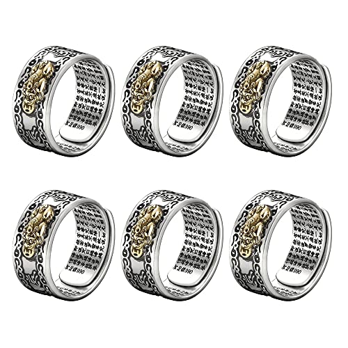 6PCS Feng Shui Pixiu Mantra Ring - Adjustable Amulet for Wealth and Good Luck (Gold)