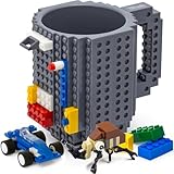 TOYAMBA Build-on Brick Mug BPA-Free Funny Coffee Mug with 3 Packs of Building Bricks, Funny Cups for Kids - Creative Building Block Mug DIY Idea 16OZ (Grey)